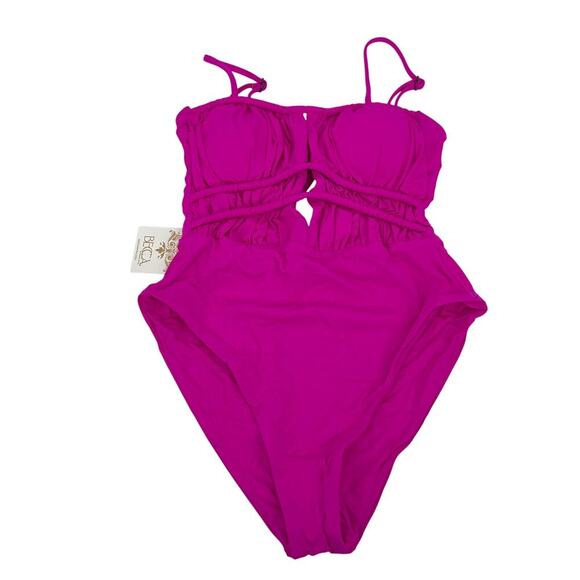 BECCA Santorini Sarai One Piece Swimsuit Plunge Neck Hot Pink Size Medium NEW - Picture 4 of 7